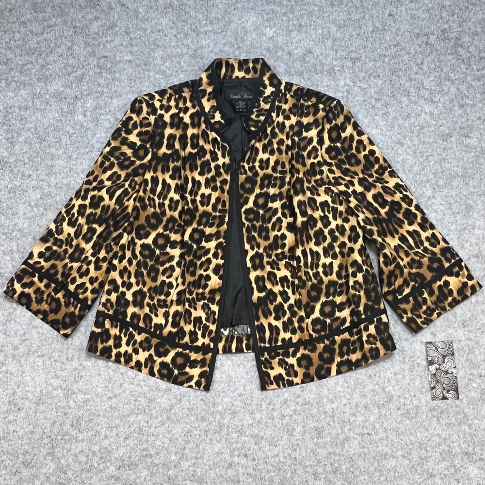 NWT Brandon Thomas‎ Leopard Print Blazer Jacket Women's Open Front Black Trim LG